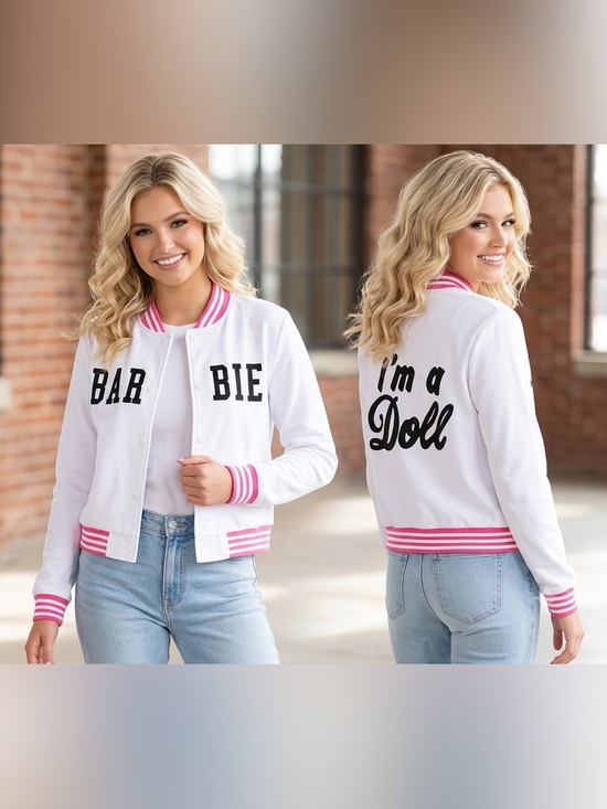 Barbie Jackets & Blazers - Barbie White Varsity Jacket with Pink Trim and Black Lettering